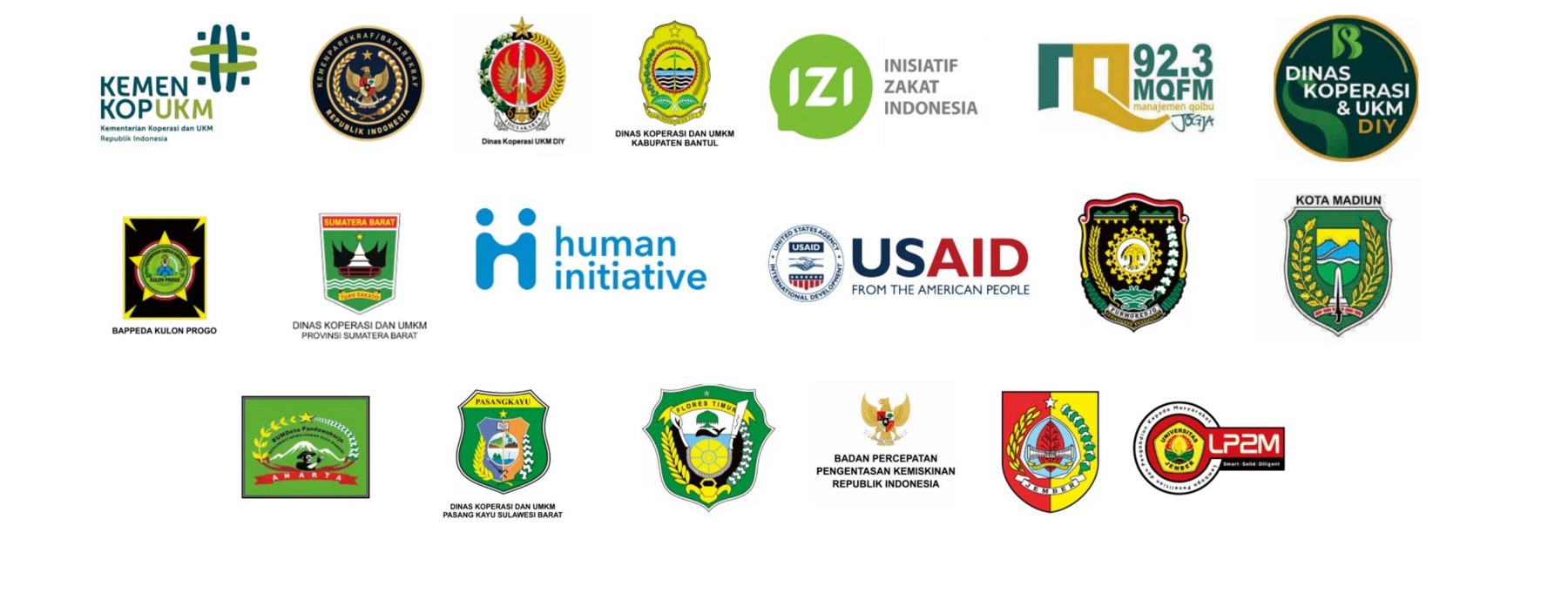 Logo mitra dan klien GGI: Kementerian Koperasi dan UKM RI, Kemenparekraf, Dinas Koperasi UKM DIY, Inisiatif Zakat Indonesia, MQFM, Human Initiative, USAID, dan pemerintah daerah lainnya